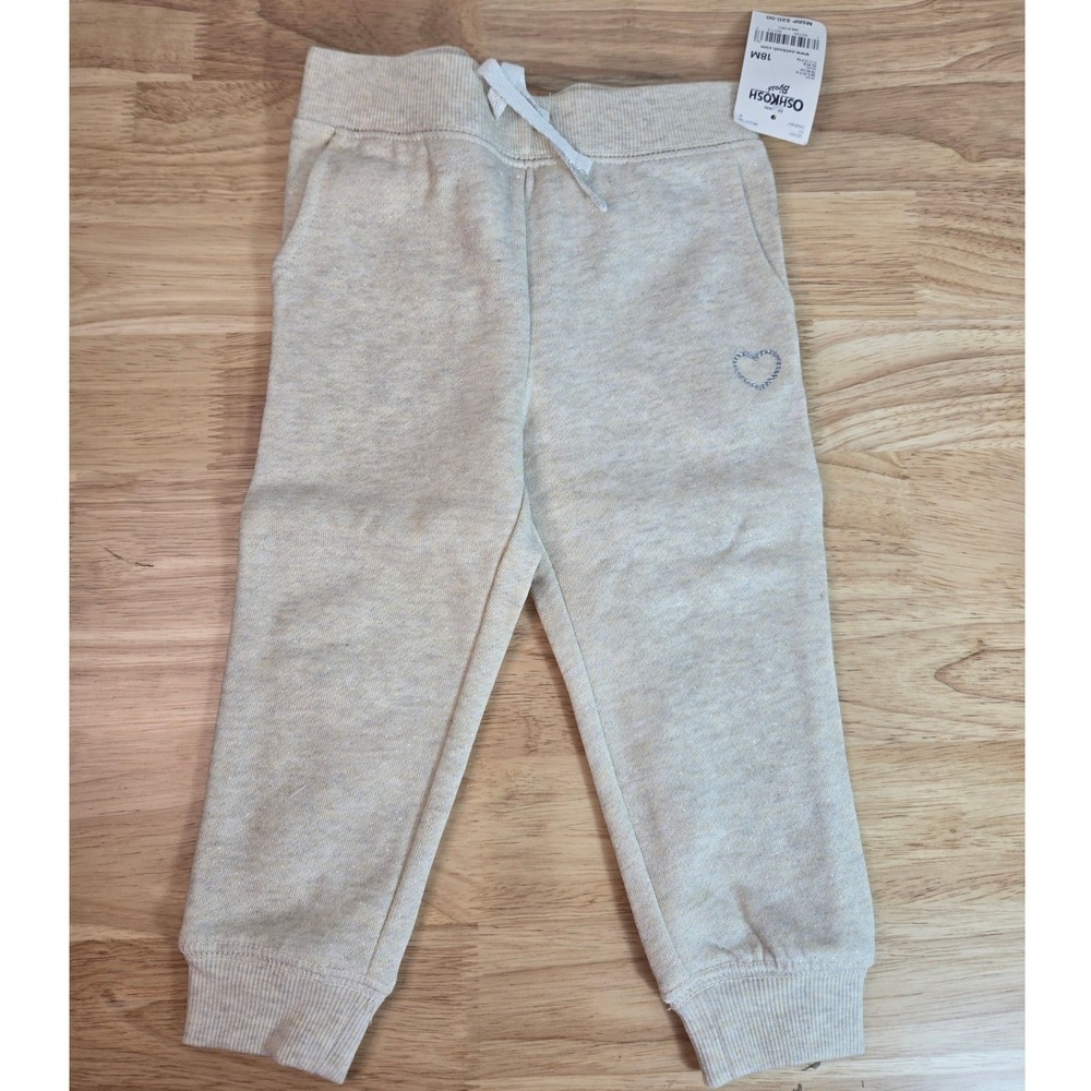 OshKosh B'gosh Baby Girl Oatmeal Heather Shimmer Heart Joggers 18M NWT